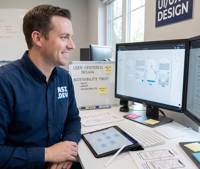 Software development workspace with code editor and modern tools